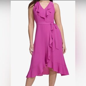NWOT Kensie Fuchsia Ruffle Neck Tie Waist Midi Wrap Sundress - Size 14